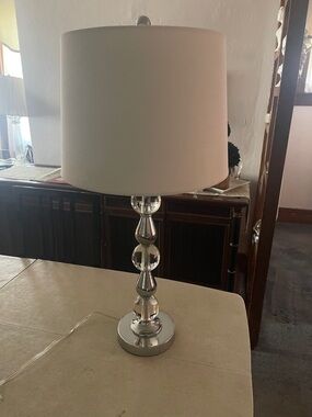 Neutral White Shade Table Lamp with Silver Crystal-Style Base -